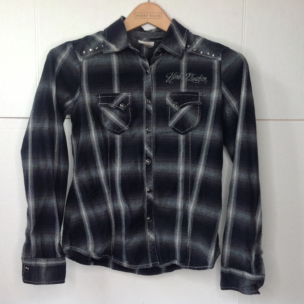 Harley-Davidson Black Shirt Plaid Rhinestone Shirt